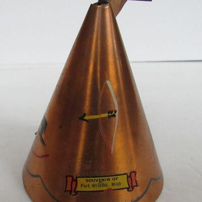 Junk Drawer Lot: Advertising Box and Pencil, Copper Ashtrays and Teepee, Wood Necklace, Viewer Part, More