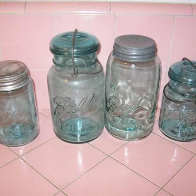 MS Lot 4 Green Glass Canning Jars Quart Pint Zinc Screw Lids & Wire Clamp Top
