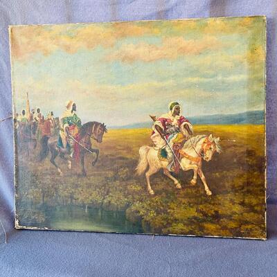 AA    ANTIQUE SIGNED OIL PAINTING ARMED ARAB HORSE RIDERS AS IS GINO RAFFERELLI  AS IS