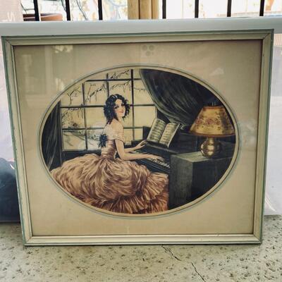 AA  1920s FRAMED PRINT PRETTY GIRL PLAYING PIANO