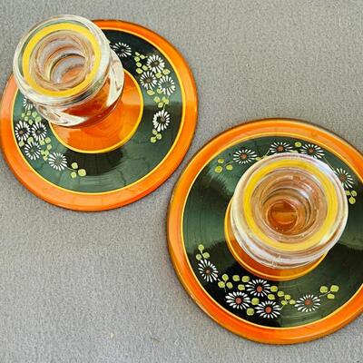 CL   ANTIQUE ORANGE & BLACK GLASS WARE CANDLE HOLDERS PLATE CANDY DISH