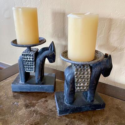 Pair Pier 1 Iron Donkey Candlesticks and Candles