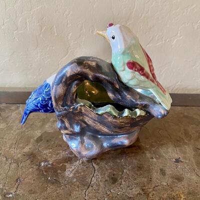Hand Painted Pottery Perched Bird Bowl