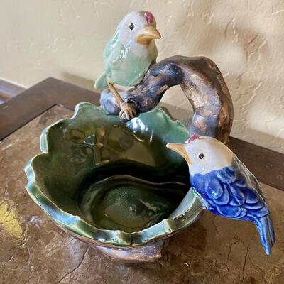 Hand Painted Pottery Perched Bird Bowl