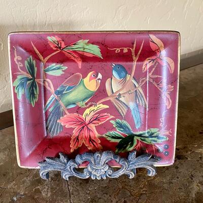 Vintage Parrot Dish and Iron Plate Stand