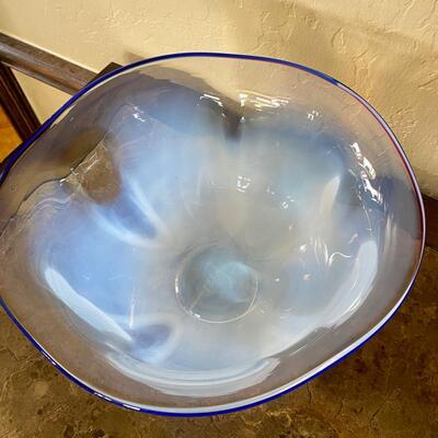White Blown Glass Bowl with Blue Trim