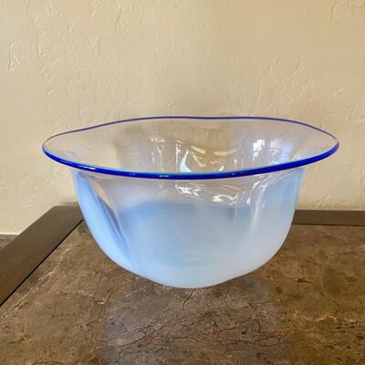 White Blown Glass Bowl with Blue Trim