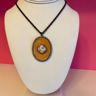 Long Jewel and Brass Pendant Necklace