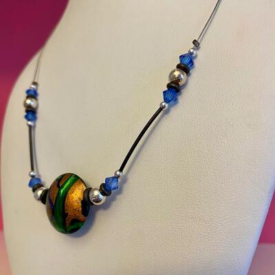 Gold and Green Pendant with Blue and Silver Beads on Wire Necklace