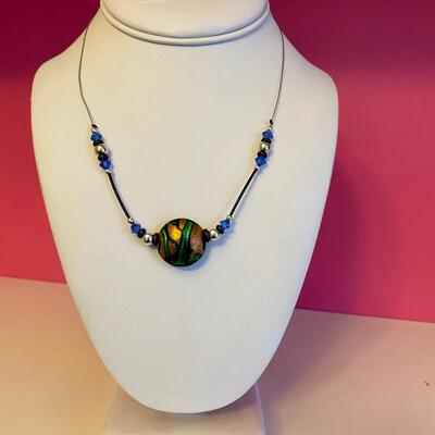 Gold and Green Pendant with Blue and Silver Beads on Wire Necklace