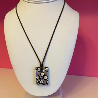 Silver Black and White Sunflower Glass Necklace on Leather Strap