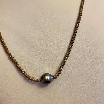 Gold Beaded Necklace with Gray Pearl