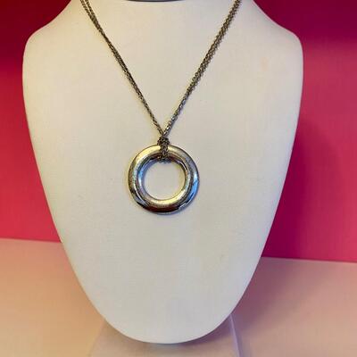 Express Double Chain Silver Circle Pendant Necklace