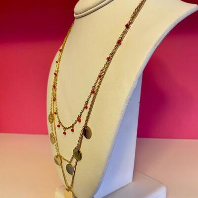 Three strand Gold and Orange Bead Necklace