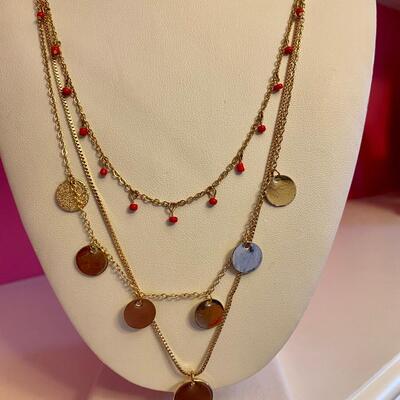 Three strand Gold and Orange Bead Necklace