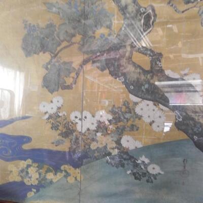 ASIAN THEMED FRAMED PICTURE-MATERIAL=TEAPOT-VASE AND FANS