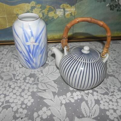 ASIAN THEMED FRAMED PICTURE-MATERIAL=TEAPOT-VASE AND FANS