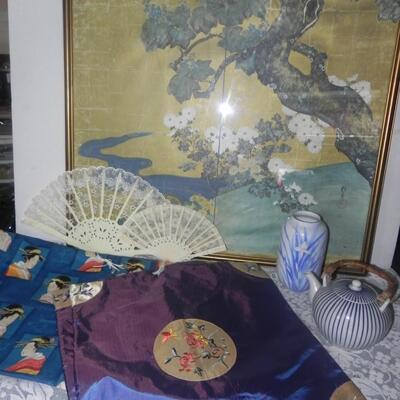 ASIAN THEMED FRAMED PICTURE-MATERIAL=TEAPOT-VASE AND FANS