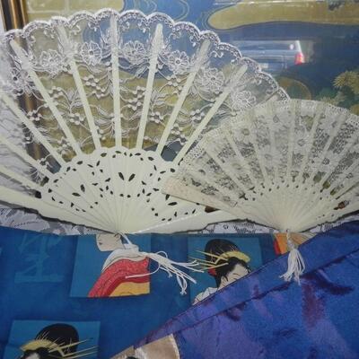 ASIAN THEMED FRAMED PICTURE-MATERIAL=TEAPOT-VASE AND FANS