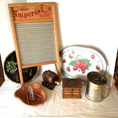 VINTAGE IMPERIAL WASHBOARD-FLOUR SIFTER-COASTERS AND MORE