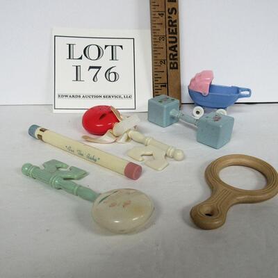 Lot of Vintage Baby Rattles, Teething Ring, Thermometer, Buggy Toy