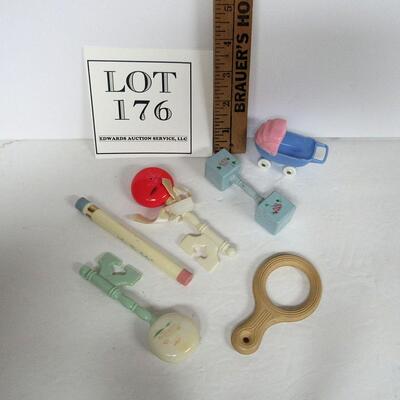 Lot of Vintage Baby Rattles, Teething Ring, Thermometer, Buggy Toy