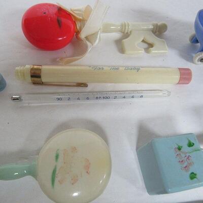 Lot of Vintage Baby Rattles, Teething Ring, Thermometer, Buggy Toy