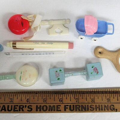 Lot of Vintage Baby Rattles, Teething Ring, Thermometer, Buggy Toy
