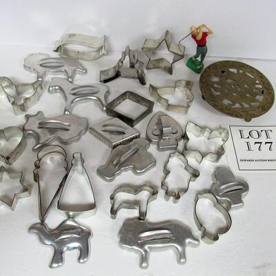 Nice Large Lot of Vintage Cookie Cutters, Brass Trivet