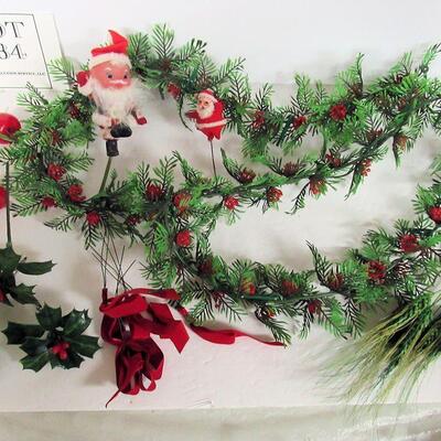 Older Plastic Garland and Floral Picks, Santa Picks