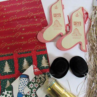 Lot of Christmas: Vintage Wrapping Paper, Honeycomb Bells, 2 Snowman Felt Hats, Candles Luminary Lights, More