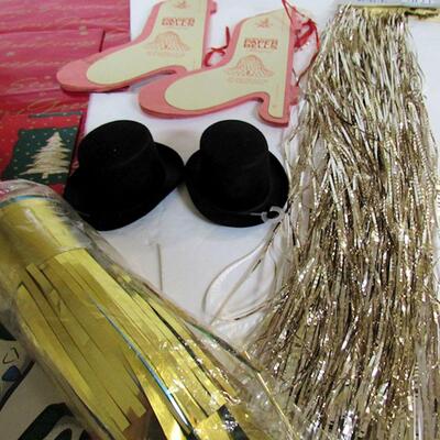 Lot of Christmas: Vintage Wrapping Paper, Honeycomb Bells, 2 Snowman Felt Hats, Candles Luminary Lights, More