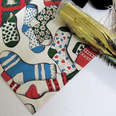 Lot of Christmas: Vintage Wrapping Paper, Honeycomb Bells, 2 Snowman Felt Hats, Candles Luminary Lights, More