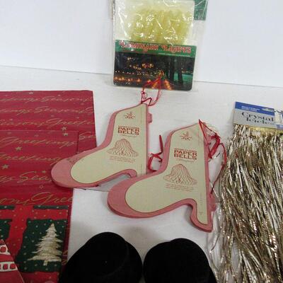 Lot of Christmas: Vintage Wrapping Paper, Honeycomb Bells, 2 Snowman Felt Hats, Candles Luminary Lights, More