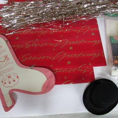 Lot of Christmas: Vintage Wrapping Paper, Honeycomb Bells, 2 Snowman Felt Hats, Candles Luminary Lights, More