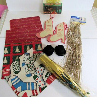 Lot of Christmas: Vintage Wrapping Paper, Honeycomb Bells, 2 Snowman Felt Hats, Candles Luminary Lights, More