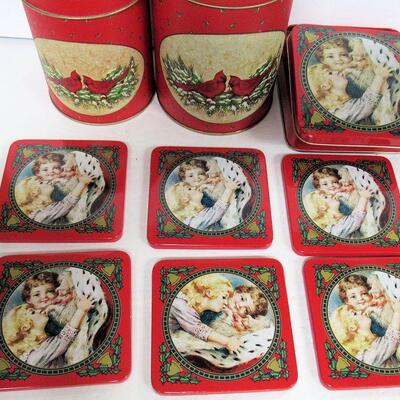 Christmas Santa Coaster Set, Enesco, 2 Cardinal Tins