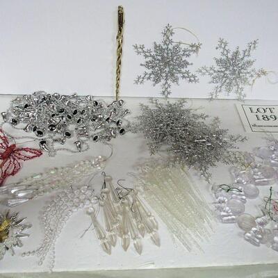 Lot of Plastic Christmas Ornaments, Snowflakes, Icicles, Bell Garland, More