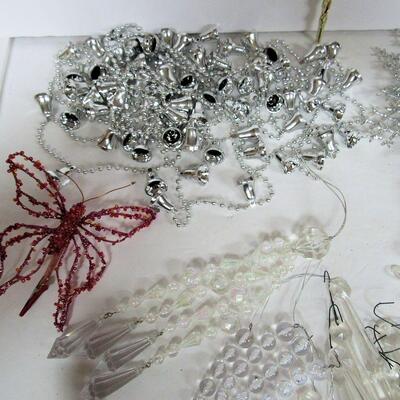 Lot of Plastic Christmas Ornaments, Snowflakes, Icicles, Bell Garland, More