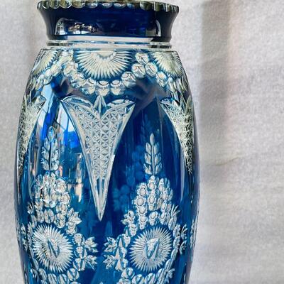 AA  VINTAGE BLUE CUT TO CLEAR BOHEMIAN CRYSTAL VASE