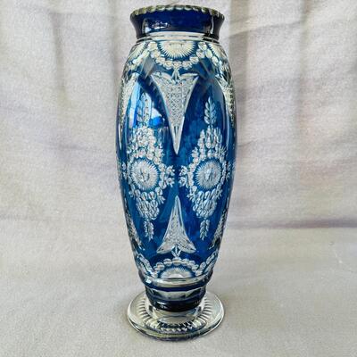 AA  VINTAGE BLUE CUT TO CLEAR BOHEMIAN CRYSTAL VASE