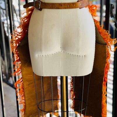 CL  ANTIQUE KIDS BUCKAROO ORANGE WOOLY COWBOY CHAPS LEATHER BACKS & BELT COSTUME