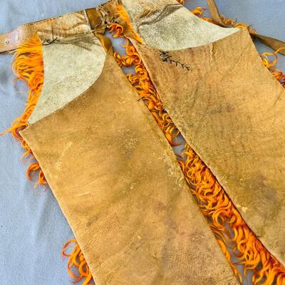 CL  ANTIQUE KIDS BUCKAROO ORANGE WOOLY COWBOY CHAPS LEATHER BACKS & BELT COSTUME