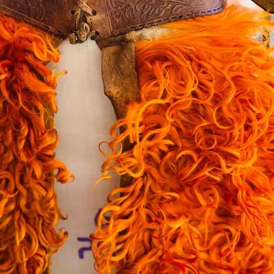CL  ANTIQUE KIDS BUCKAROO ORANGE WOOLY COWBOY CHAPS LEATHER BACKS & BELT COSTUME