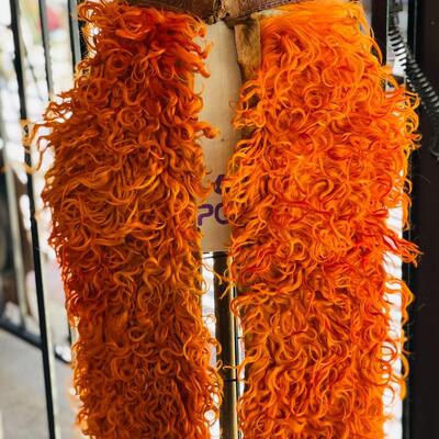 CL  ANTIQUE KIDS BUCKAROO ORANGE WOOLY COWBOY CHAPS LEATHER BACKS & BELT COSTUME