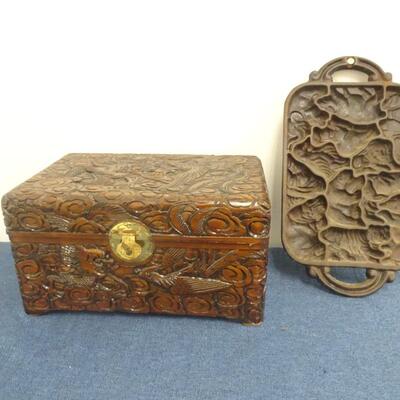 LOT 22. WOOD CARVED BOX AND CAST IRON