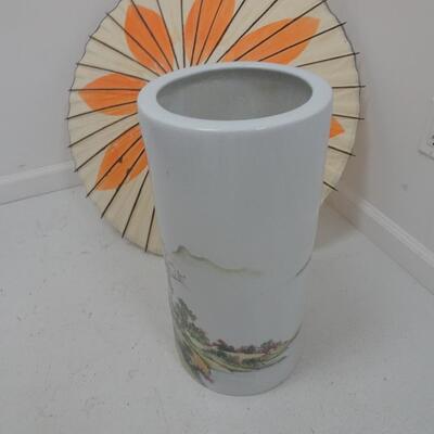 LOT 31  PORCELAIN UMBRELLA STAND AND UMBRELLA