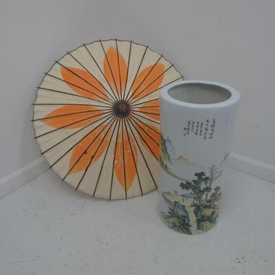 LOT 31  PORCELAIN UMBRELLA STAND AND UMBRELLA