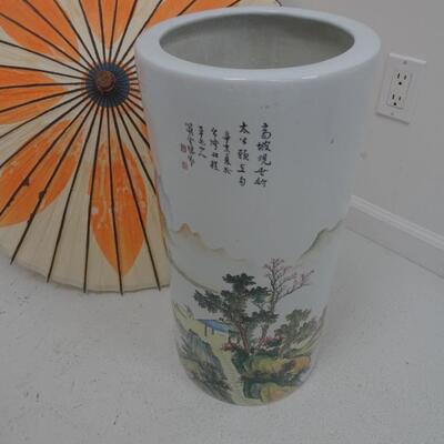 LOT 31  PORCELAIN UMBRELLA STAND AND UMBRELLA