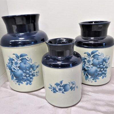 3 McCoy Pottery Milk Jug Cannister Vases Blue Floral sgned